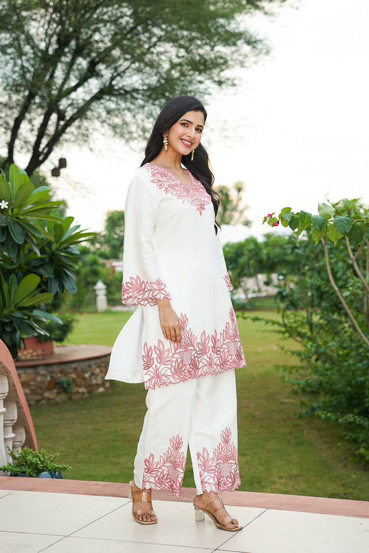 White Silk Blend Solid Embroidered Coord Sets    | SHOBITAM