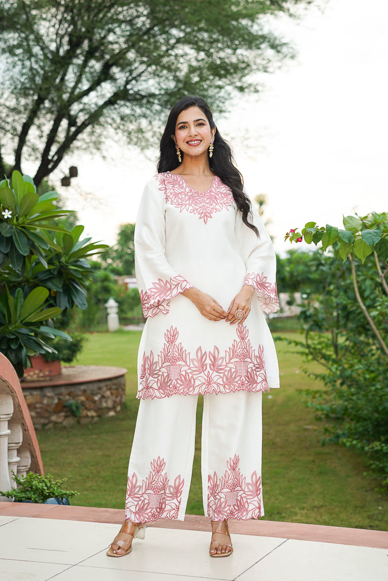 White Silk Blend Solid Embroidered Coord Sets    | SHOBITAM