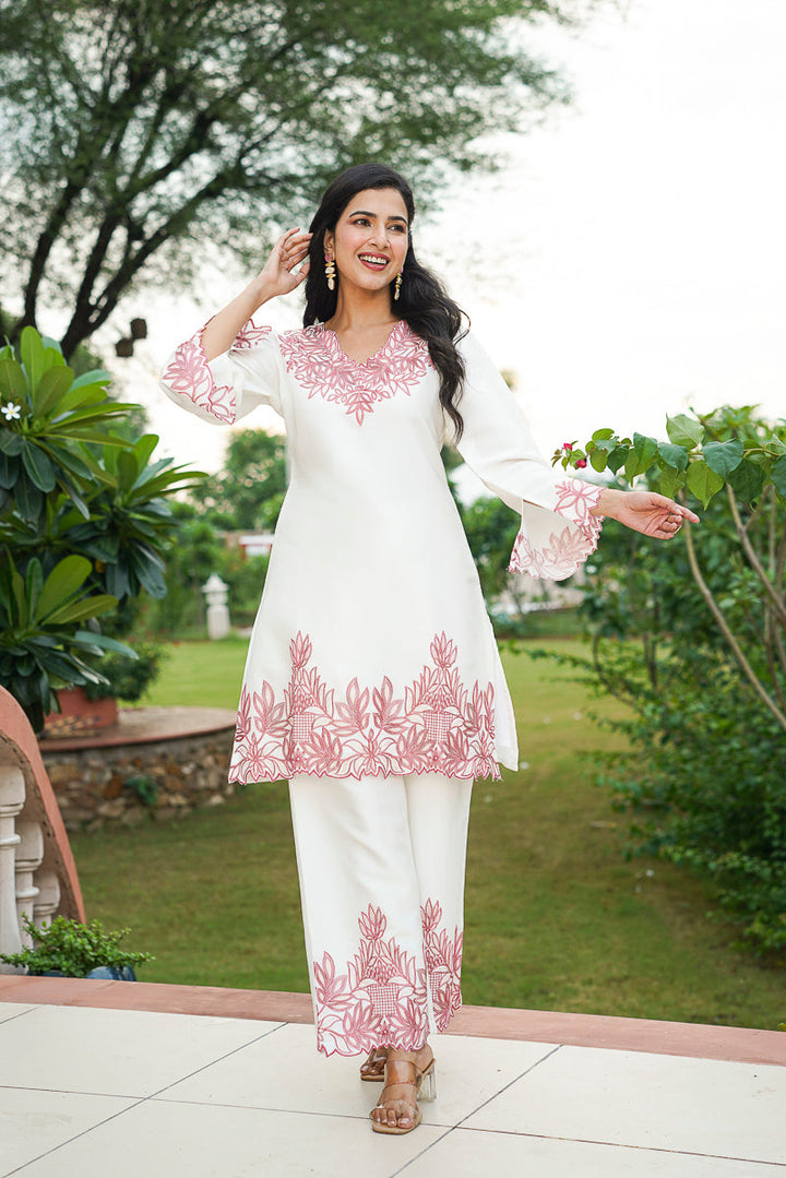 White Silk Blend Solid Embroidered Coord Sets    | SHOBITAM