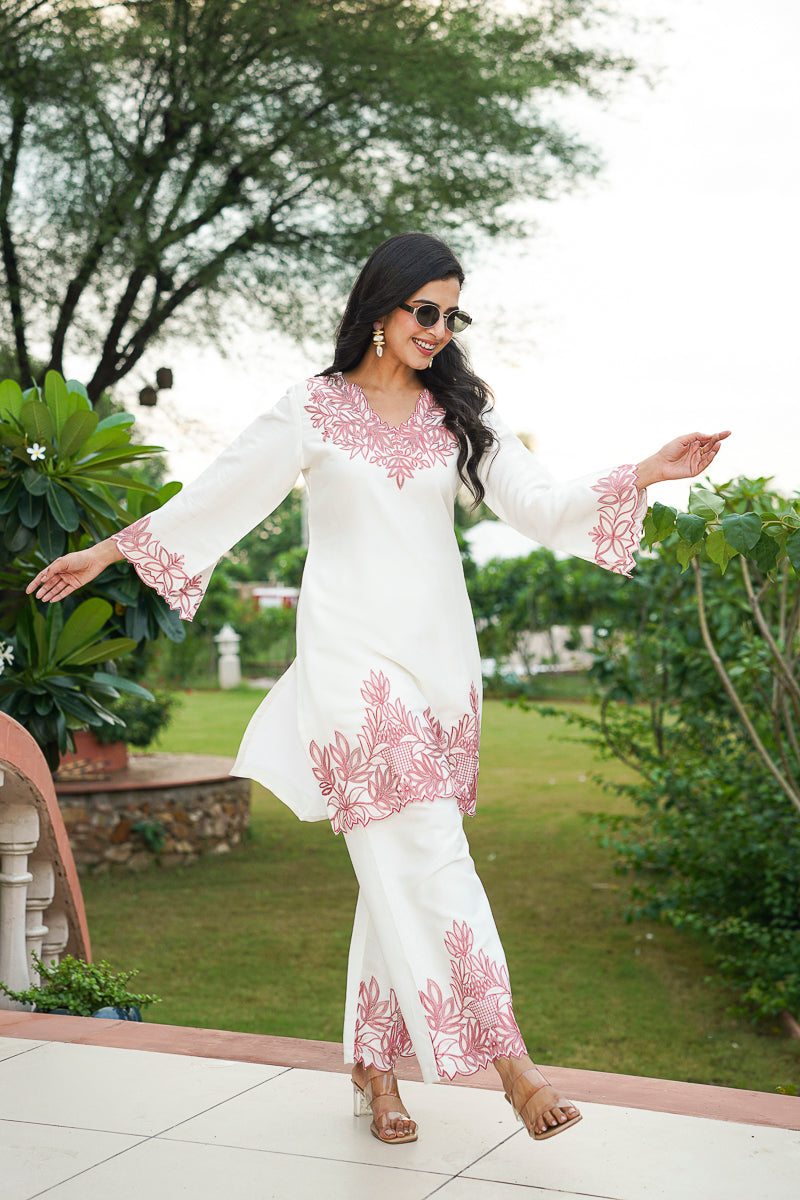 White Silk Blend Solid Embroidered Coord Sets    | SHOBITAM