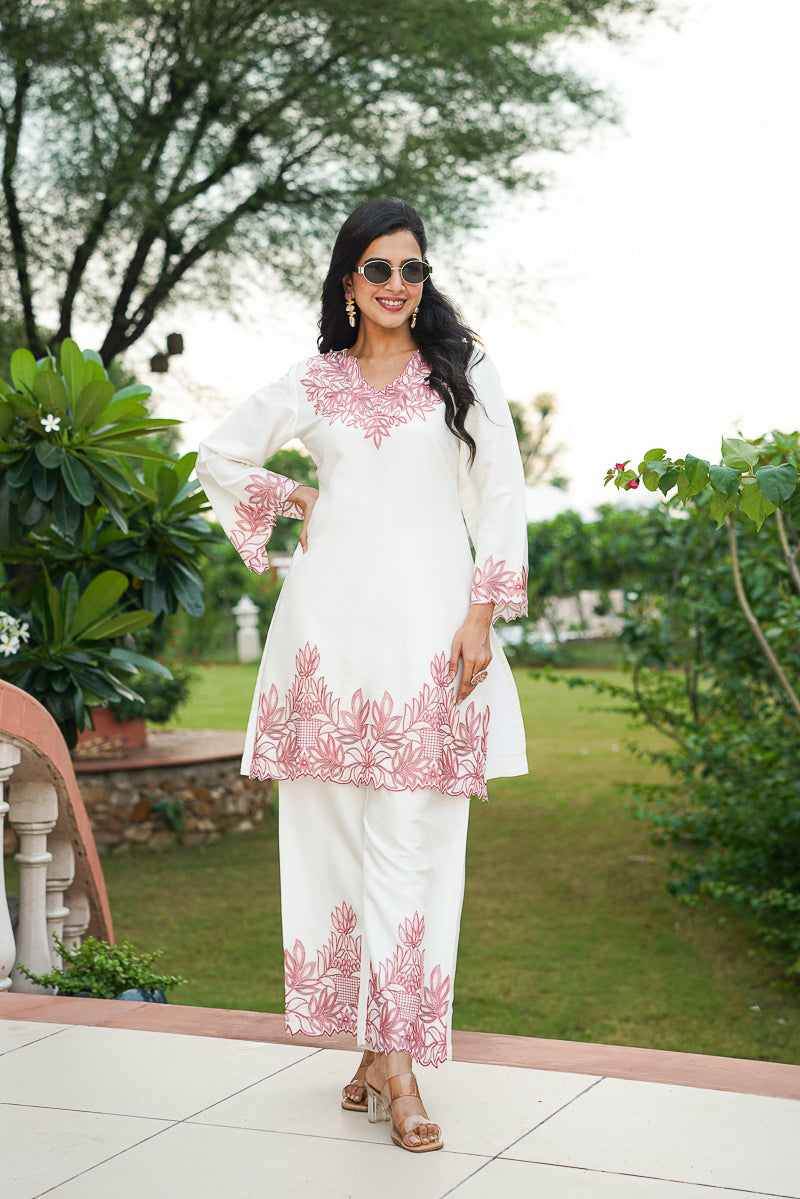 White Silk Blend Solid Embroidered Coord Sets    | SHOBITAM