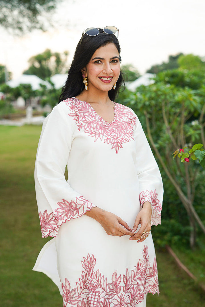 White Silk Blend Solid Embroidered Coord Sets    | SHOBITAM
