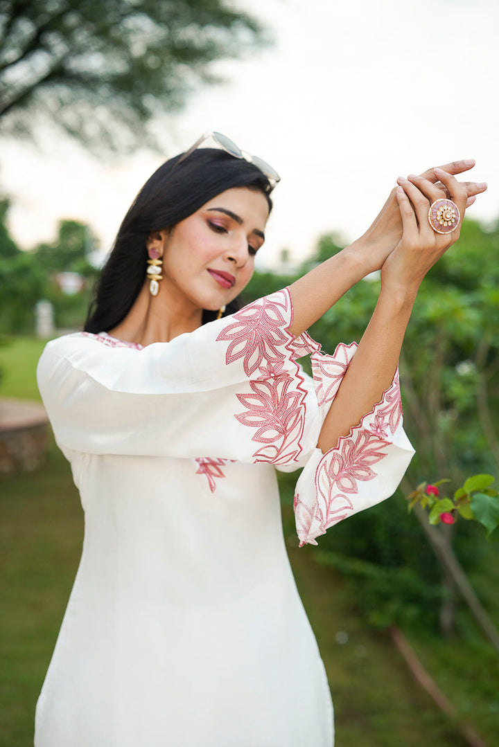 White Silk Blend Solid Embroidered Coord Sets    | SHOBITAM