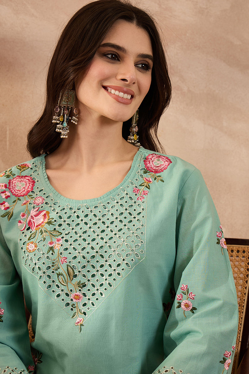 Blue Pure Cotton Embroidered Straight Coord Sets  | SHOBITAM