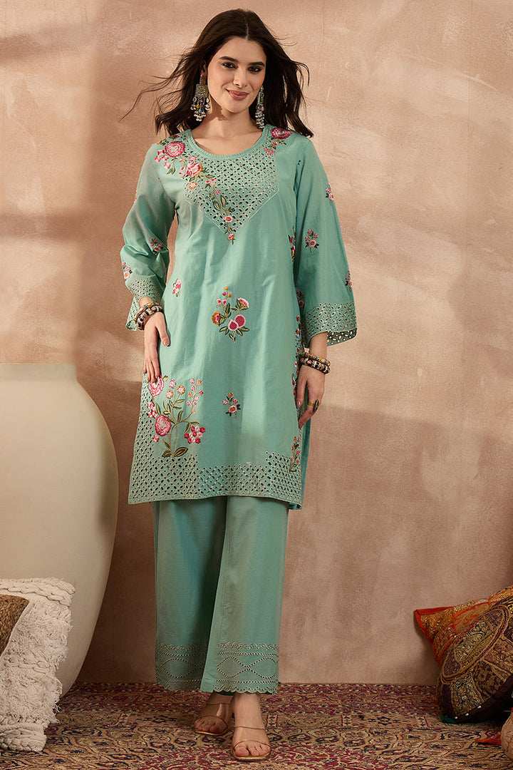 Blue Pure Cotton Embroidered Straight Coord Sets  | SHOBITAM