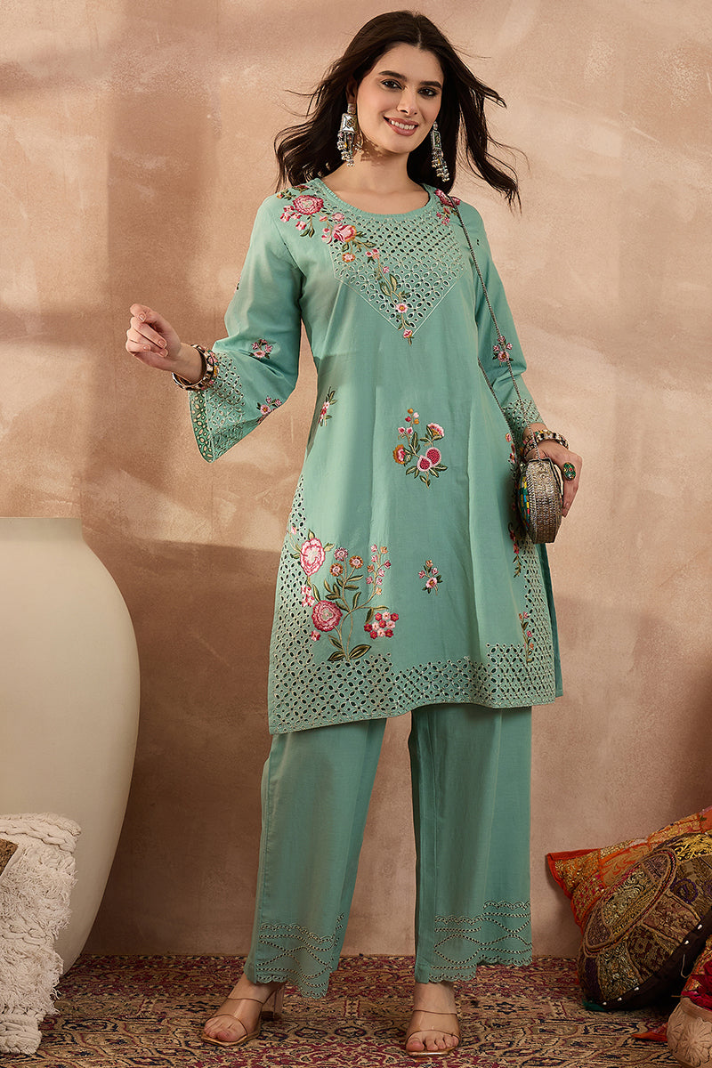 Blue Pure Cotton Embroidered Straight Coord Sets  | SHOBITAM