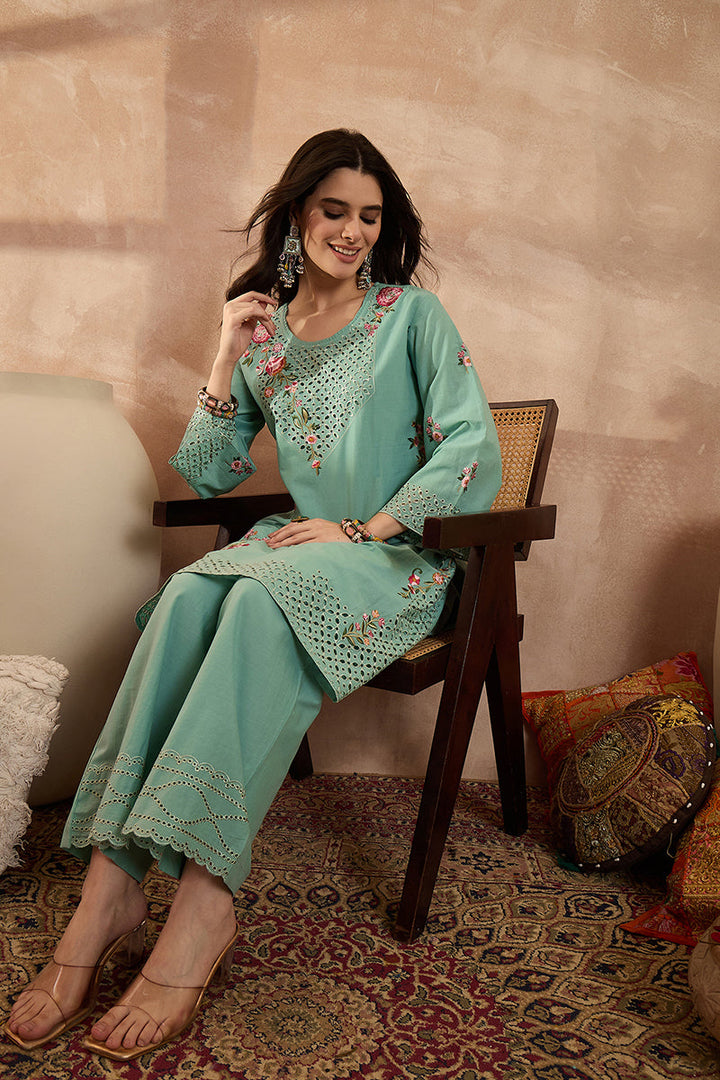 Blue Pure Cotton Embroidered Straight Coord Sets  | SHOBITAM