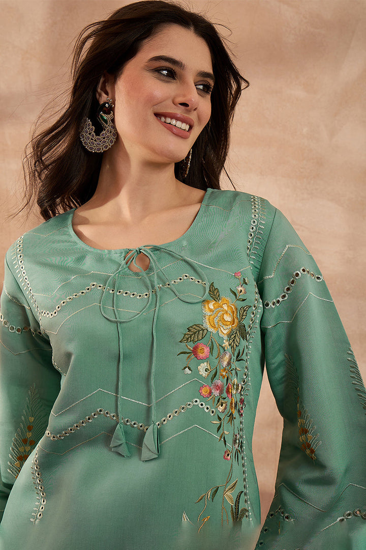 Blue Silk Blend Embroidered Straight Coord Sets | SHOBITAM