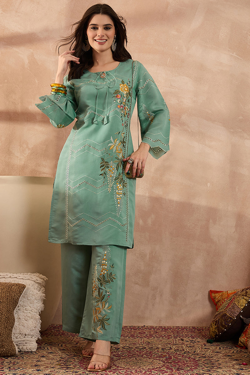 Blue Silk Blend Embroidered Straight Coord Sets | SHOBITAM