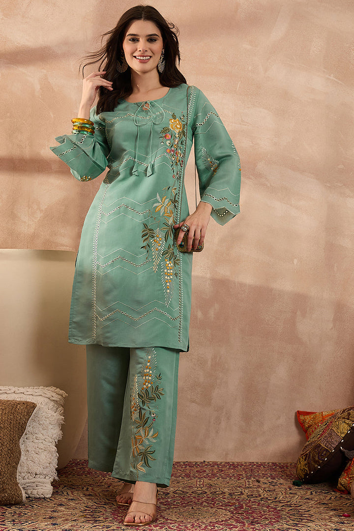 Blue Silk Blend Embroidered Straight Coord Sets | SHOBITAM