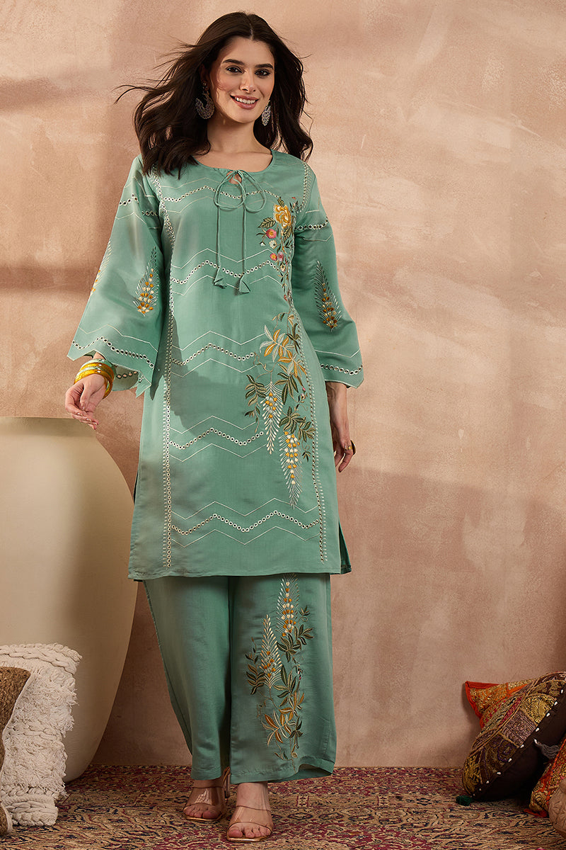 Blue Silk Blend Embroidered Straight Coord Sets | SHOBITAM