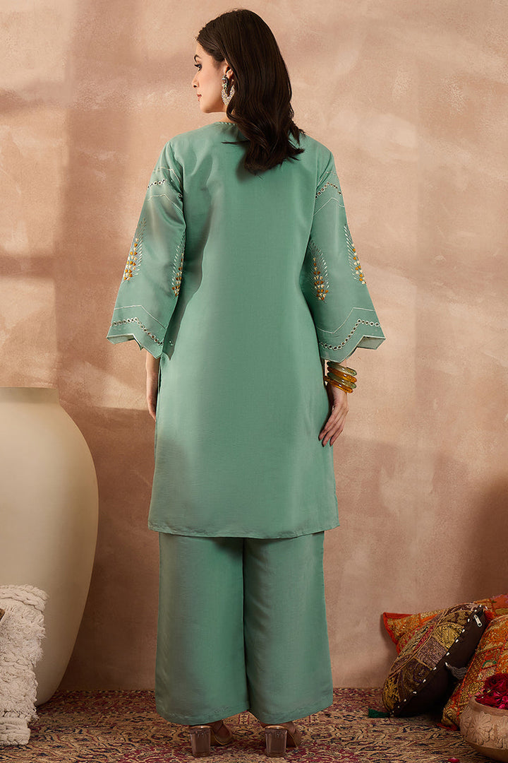 Blue Silk Blend Embroidered Straight Coord Sets | SHOBITAM