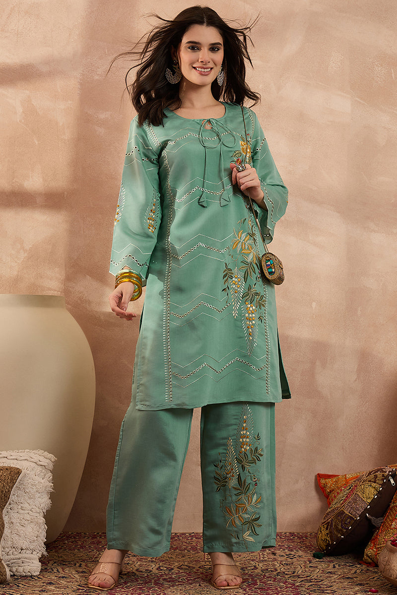 Blue Silk Blend Embroidered Straight Coord Sets | SHOBITAM
