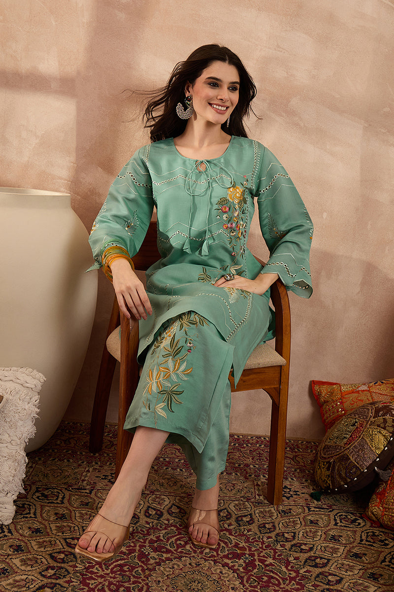 Blue Silk Blend Embroidered Straight Coord Sets | SHOBITAM