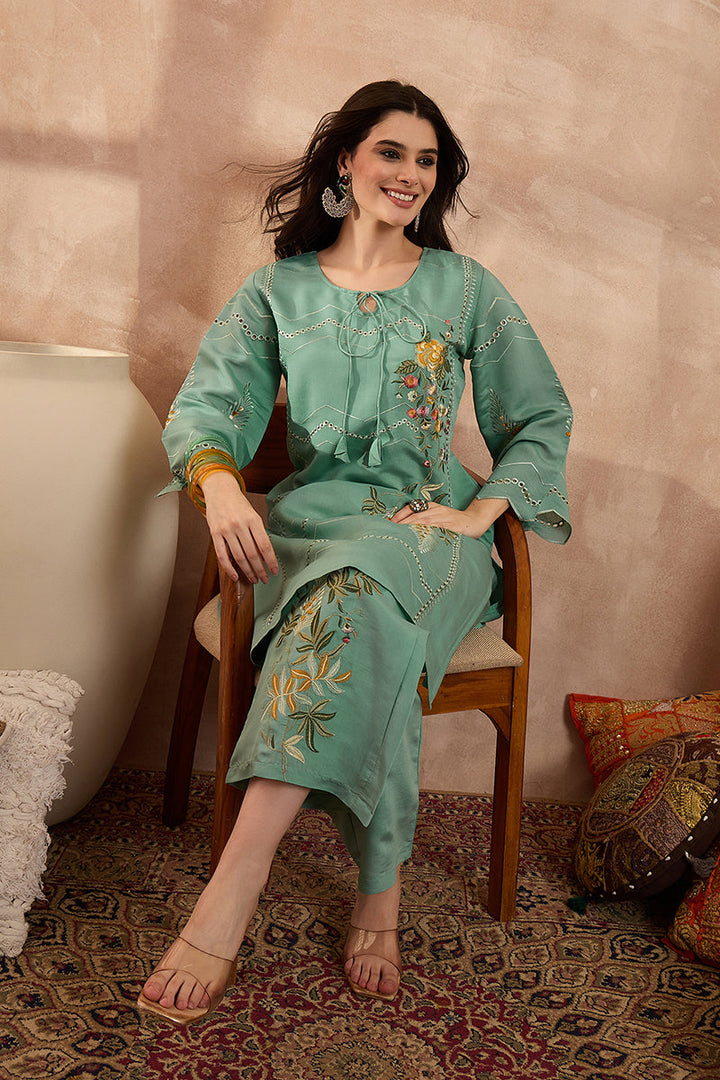 Blue Silk Blend Embroidered Straight Coord Sets | SHOBITAM