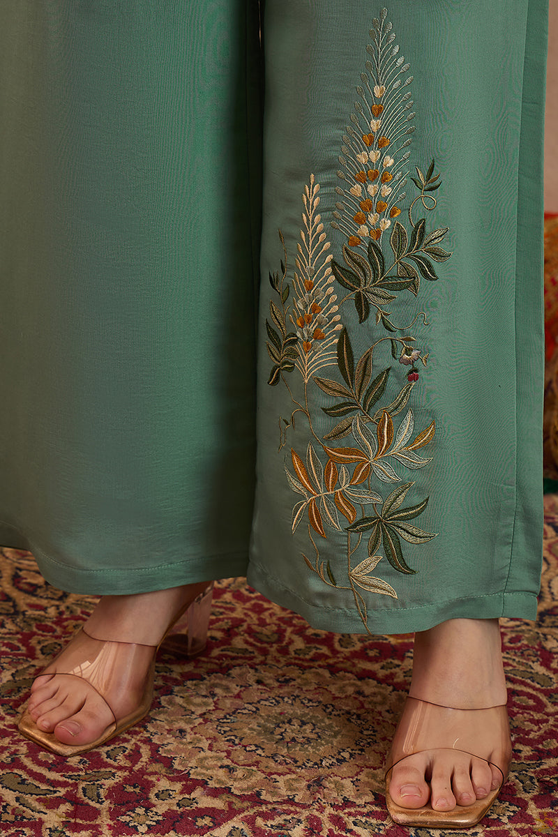 Blue Silk Blend Embroidered Straight Coord Sets | SHOBITAM