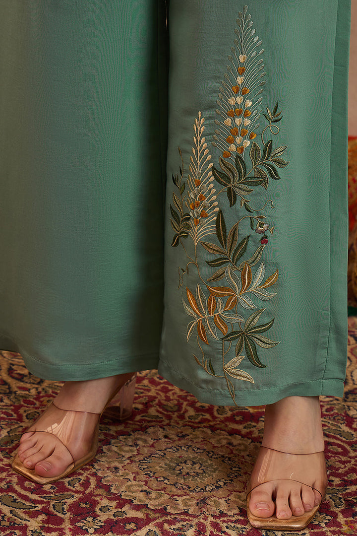 Blue Silk Blend Embroidered Straight Coord Sets | SHOBITAM
