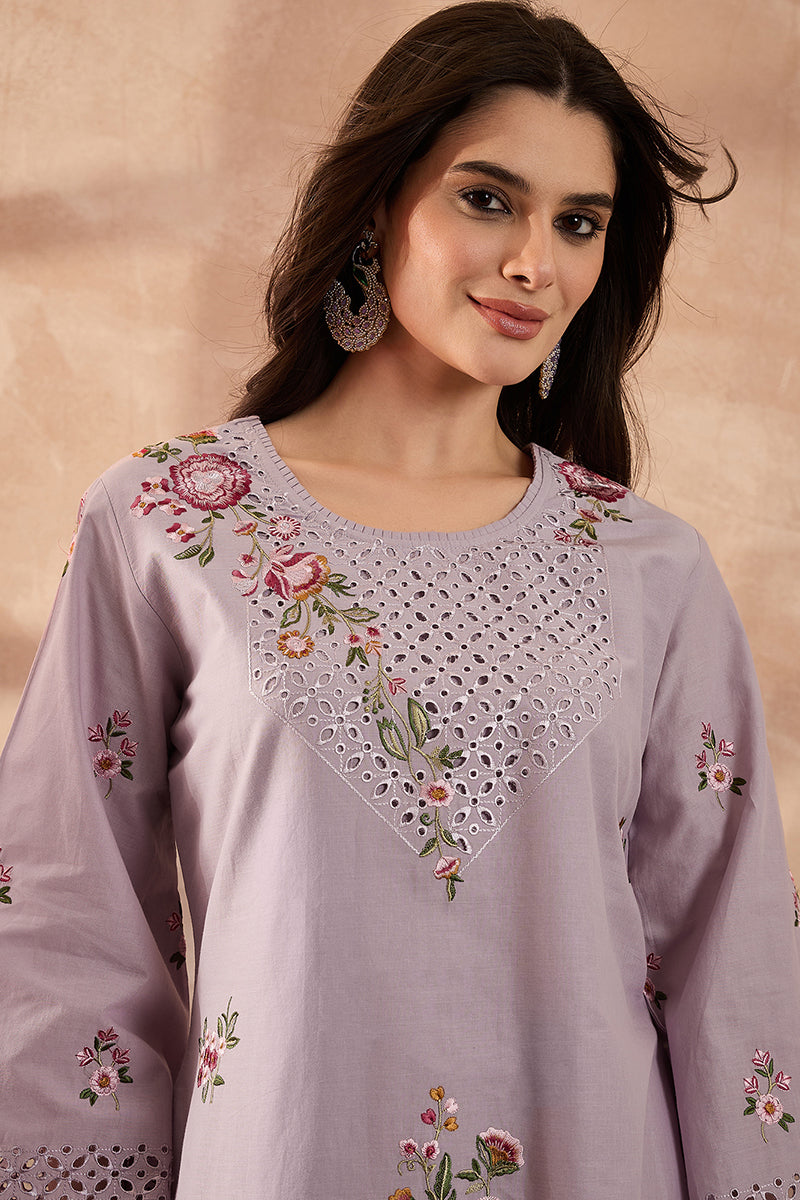 Lavender Pure Cotton Embroidered Straight Coord Sets  | SHOBITAM