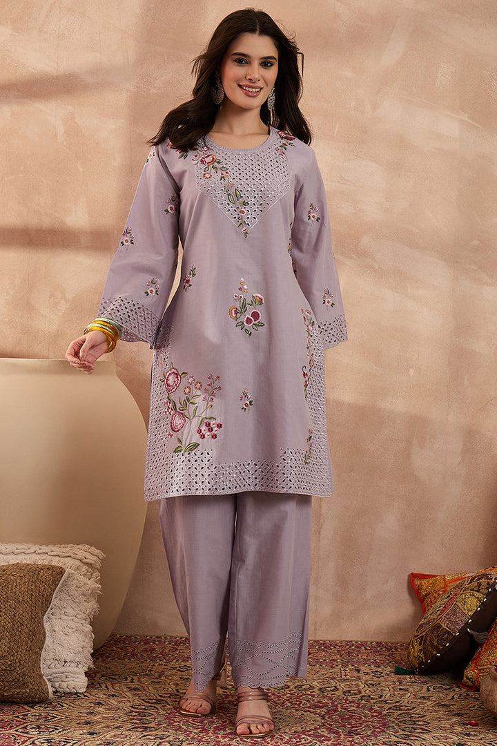 Lavender Pure Cotton Embroidered Straight Coord Sets  | SHOBITAM