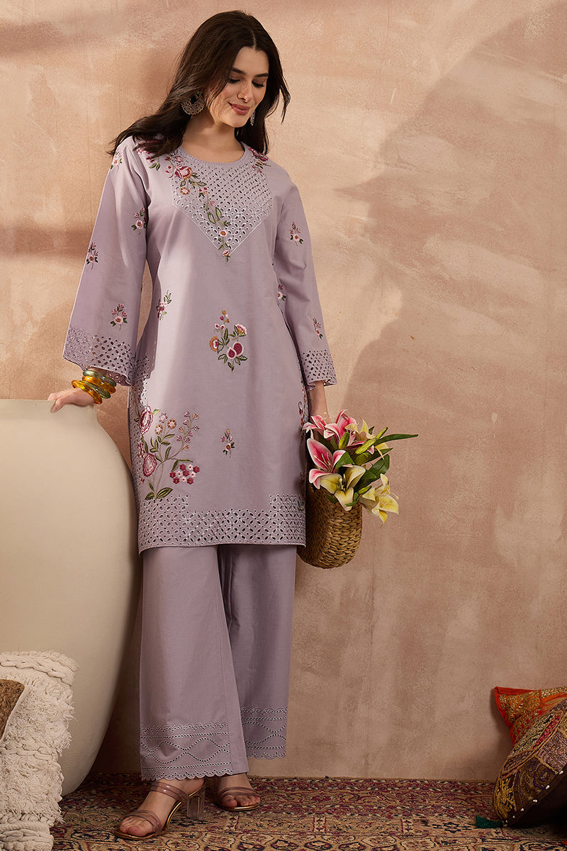 Lavender Pure Cotton Embroidered Straight Coord Sets  | SHOBITAM