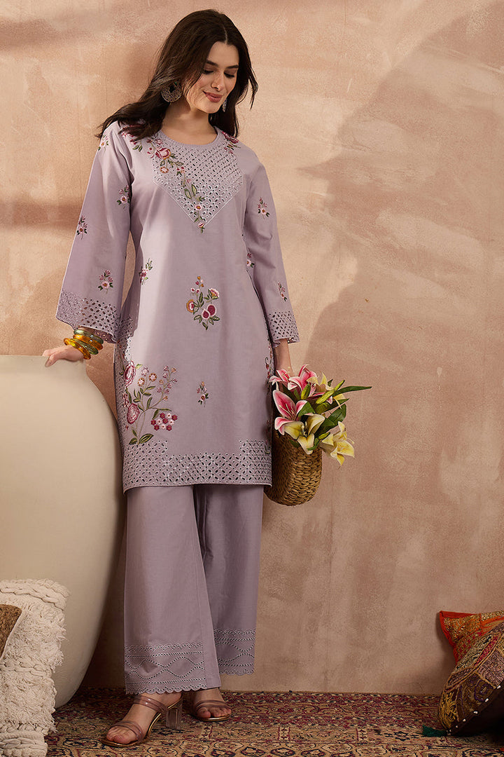 Lavender Pure Cotton Embroidered Straight Coord Sets  | SHOBITAM