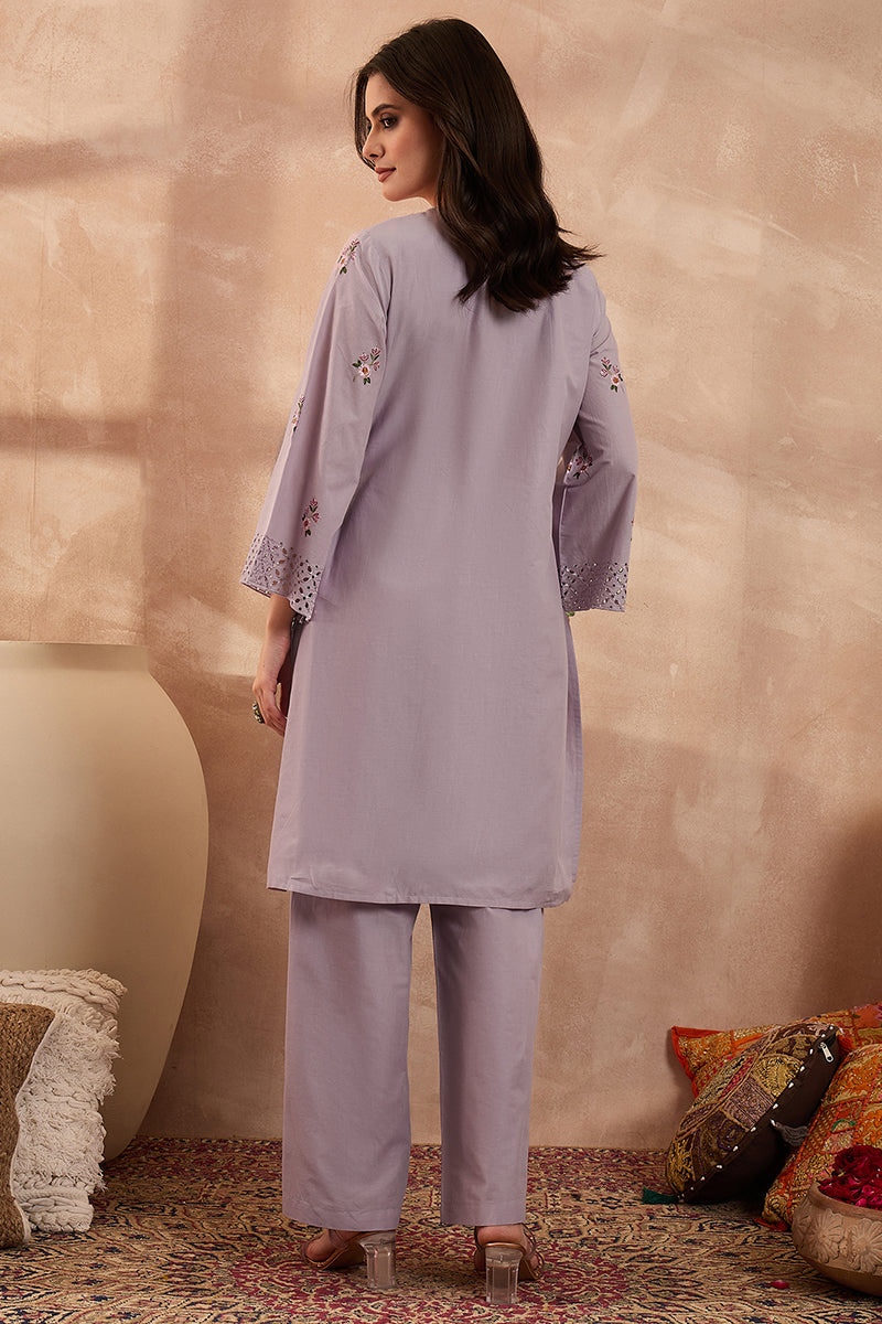 Lavender Pure Cotton Embroidered Straight Coord Sets  | SHOBITAM