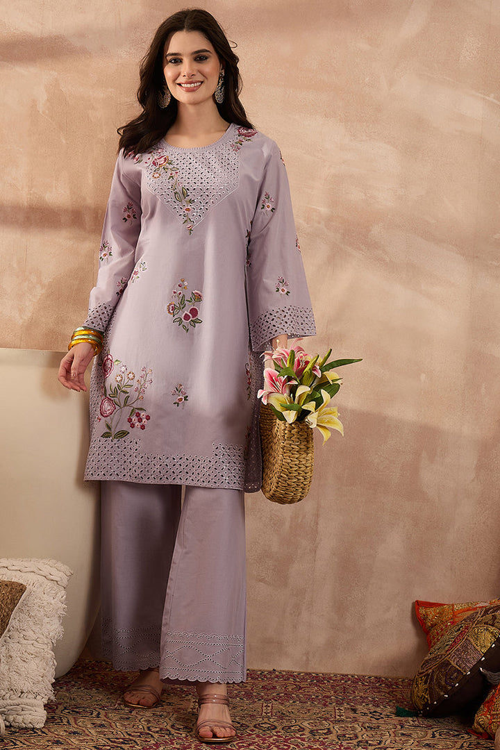 Lavender Pure Cotton Embroidered Straight Coord Sets  | SHOBITAM