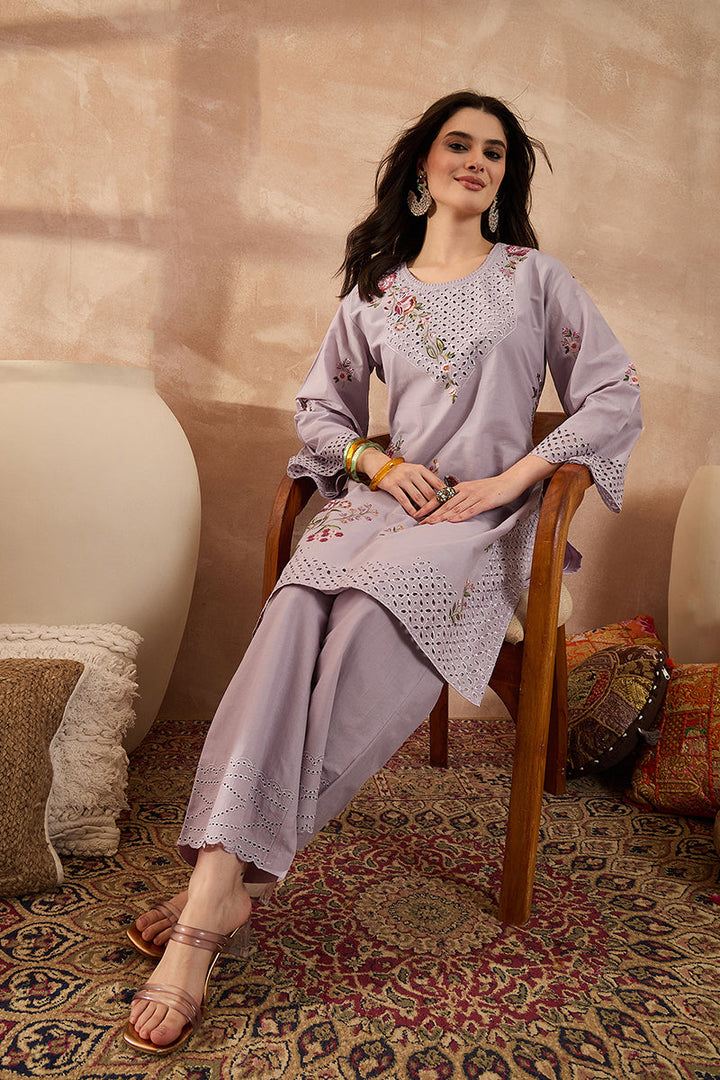 Lavender Pure Cotton Embroidered Straight Coord Sets  | SHOBITAM