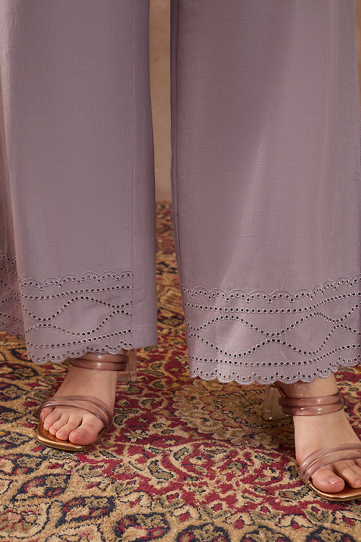 Lavender Pure Cotton Embroidered Straight Coord Sets  | SHOBITAM