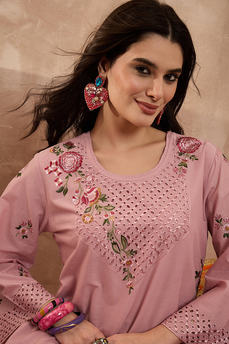 Pink Pure Cotton Embroidered Straight Coord Sets | SHOBITAM