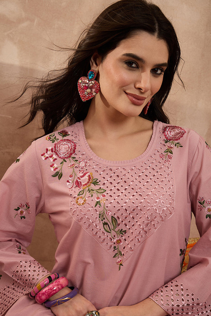 Pink Pure Cotton Embroidered Straight Coord Sets | SHOBITAM