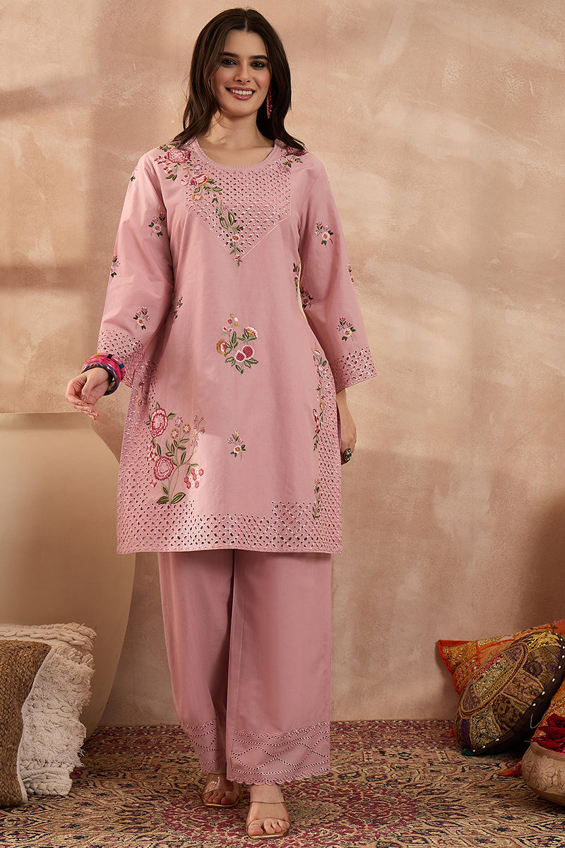 Pink Pure Cotton Embroidered Straight Coord Sets | SHOBITAM