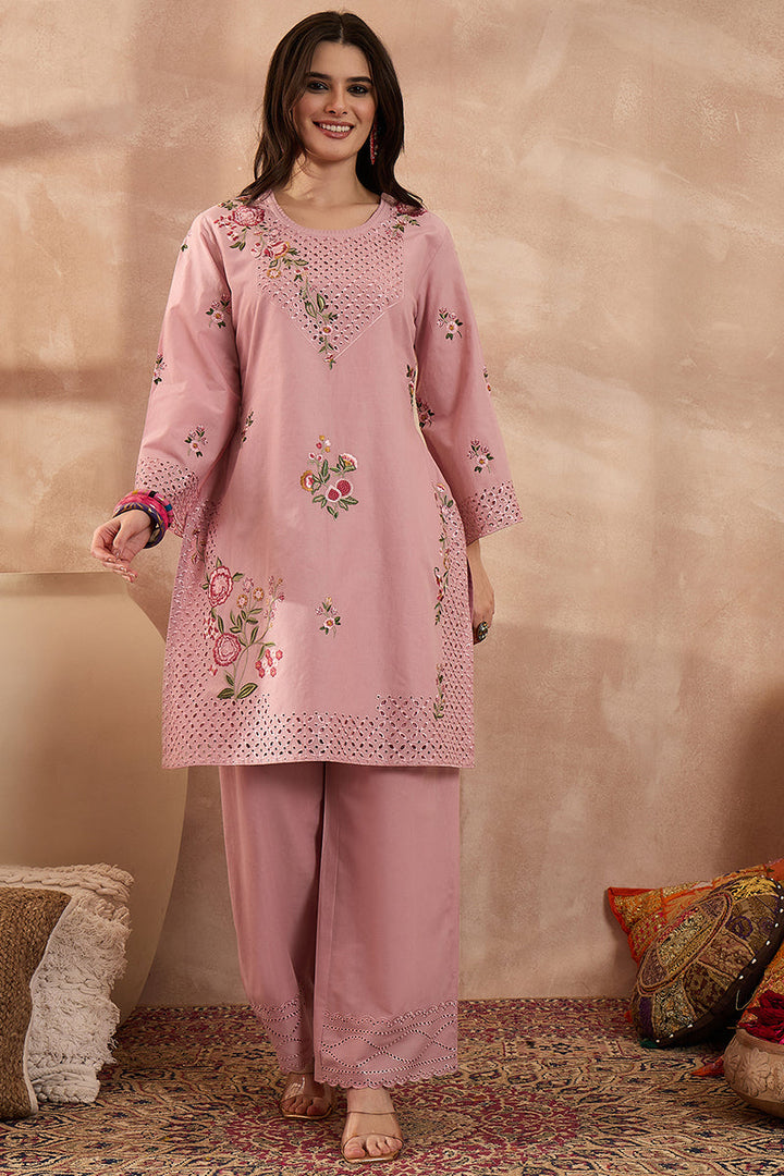 Pink Pure Cotton Embroidered Straight Coord Sets | SHOBITAM