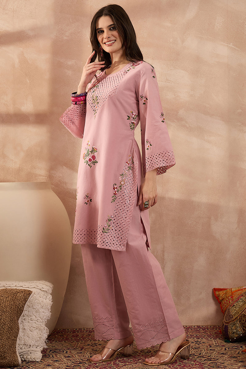 Pink Pure Cotton Embroidered Straight Coord Sets | SHOBITAM
