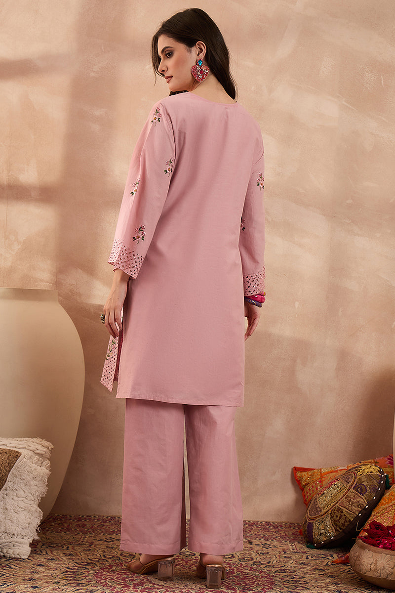Pink Pure Cotton Embroidered Straight Coord Sets | SHOBITAM