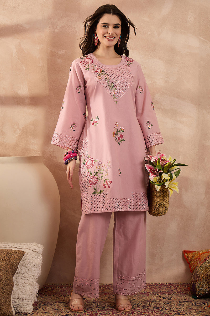 Pink Pure Cotton Embroidered Straight Coord Sets | SHOBITAM