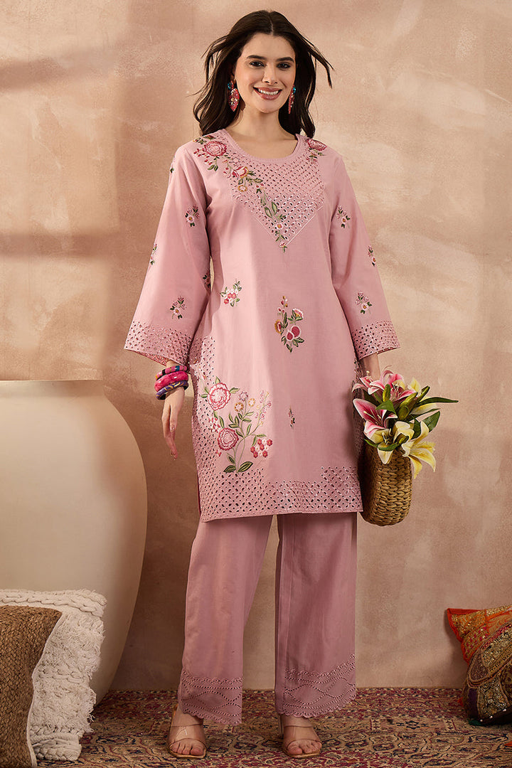 Pink Pure Cotton Embroidered Straight Coord Sets | SHOBITAM