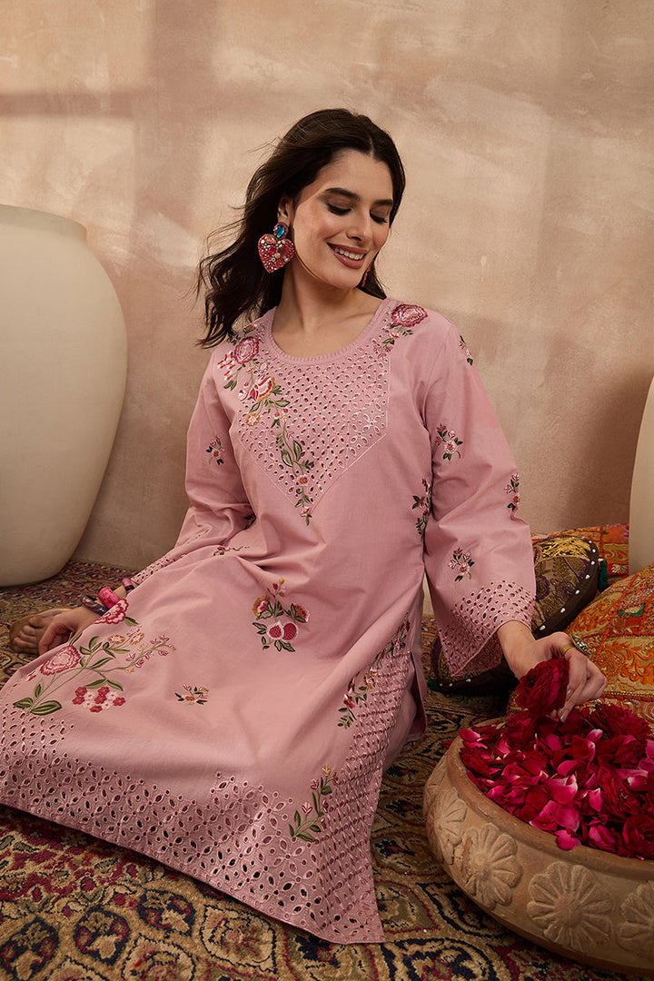 Pink Pure Cotton Embroidered Straight Coord Sets | SHOBITAM