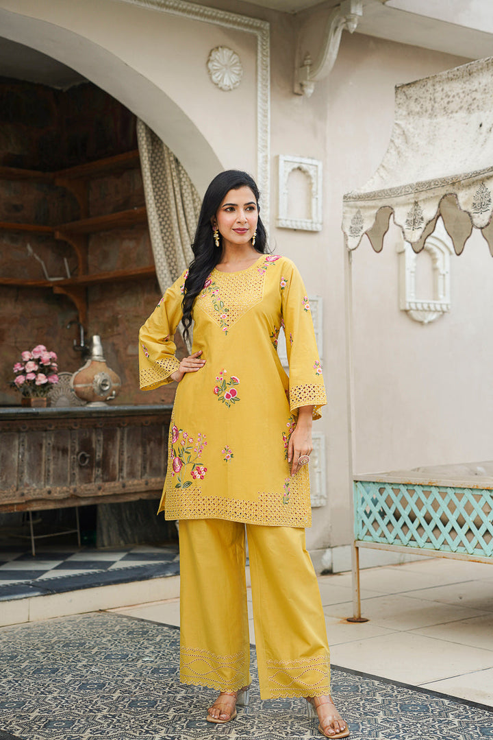 Yellow Pure Cotton Solid Embroidered Coord Sets   | SHOBITAM