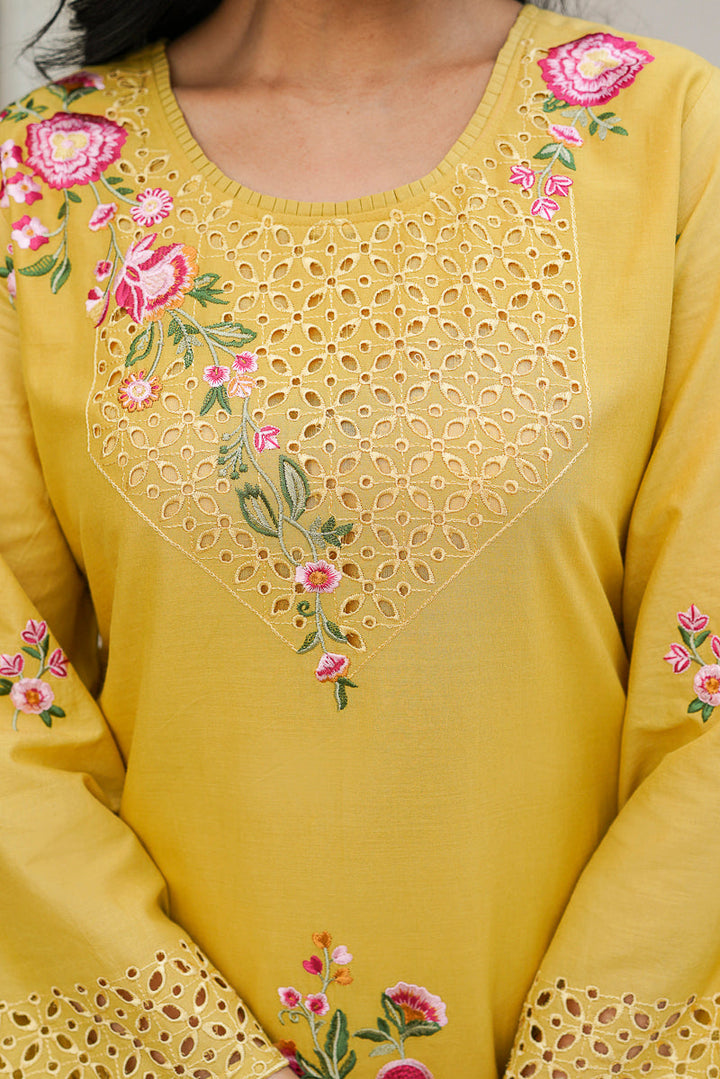 Yellow Pure Cotton Solid Embroidered Coord Sets   | SHOBITAM