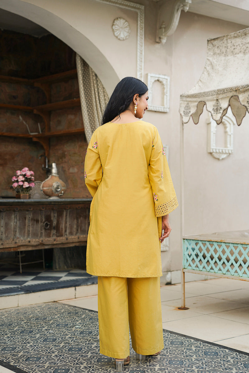 Yellow Pure Cotton Solid Embroidered Coord Sets   | SHOBITAM