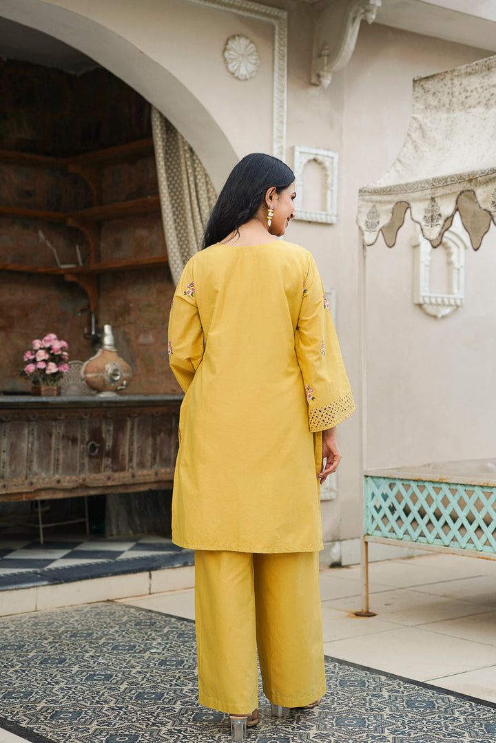 Yellow Pure Cotton Solid Embroidered Coord Sets   | SHOBITAM