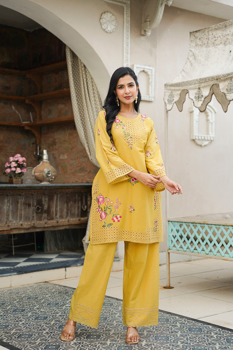 Yellow Pure Cotton Solid Embroidered Coord Sets   | SHOBITAM