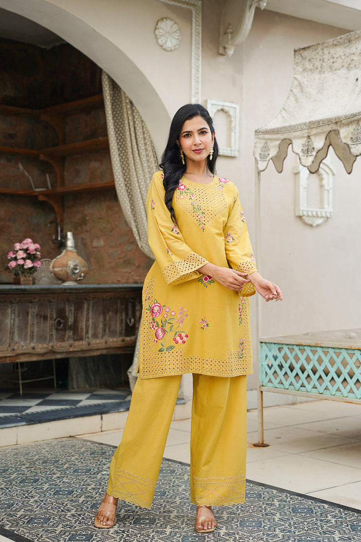 Yellow Pure Cotton Solid Embroidered Coord Sets   | SHOBITAM