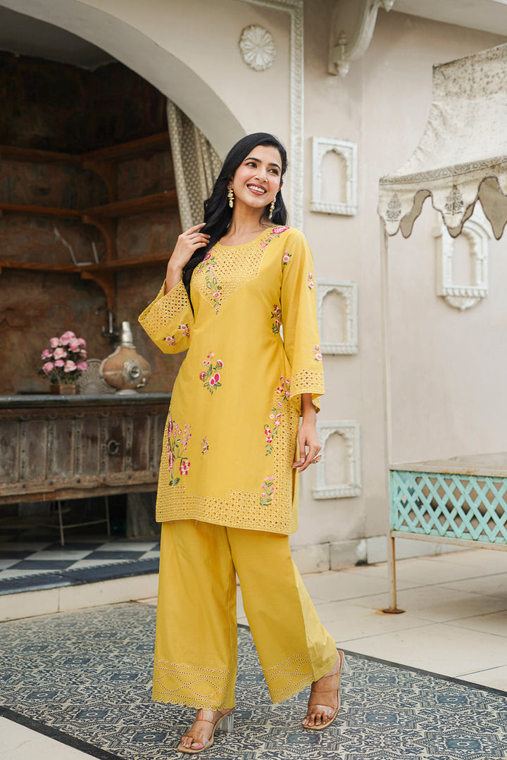Yellow Pure Cotton Solid Embroidered Coord Sets   | SHOBITAM