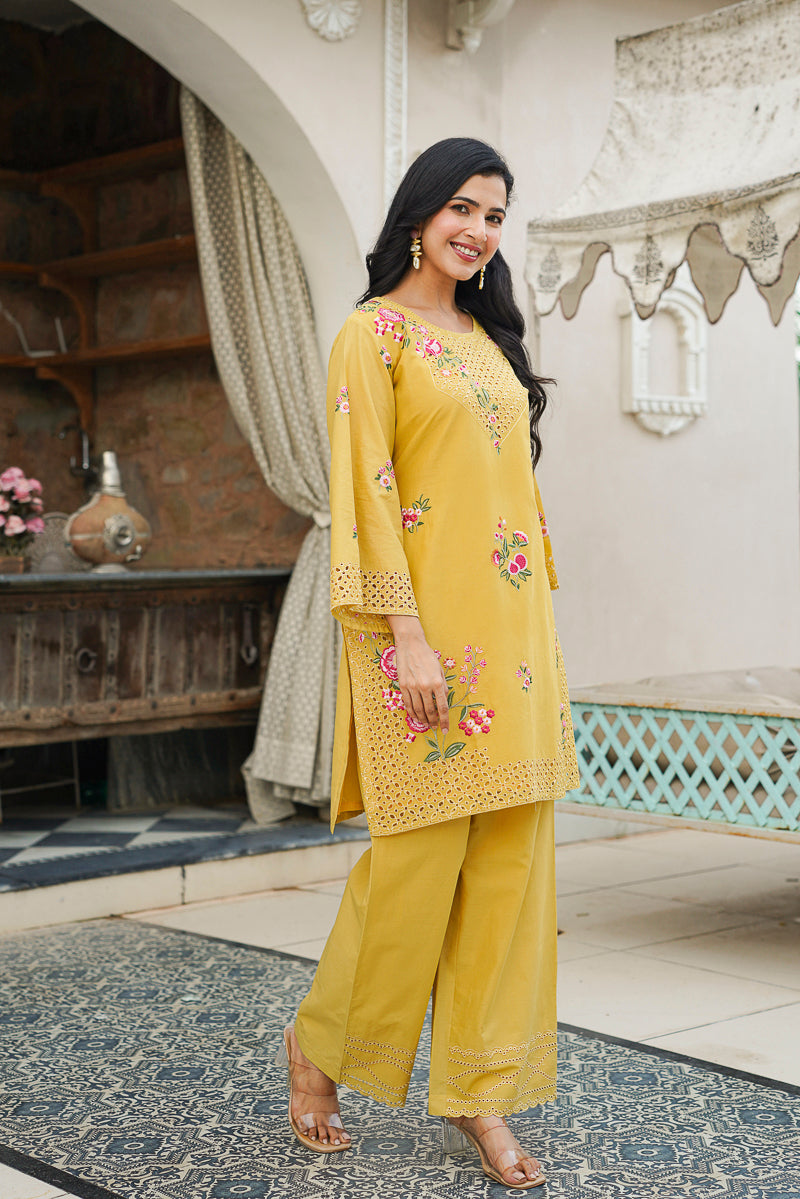 Yellow Pure Cotton Solid Embroidered Coord Sets   | SHOBITAM
