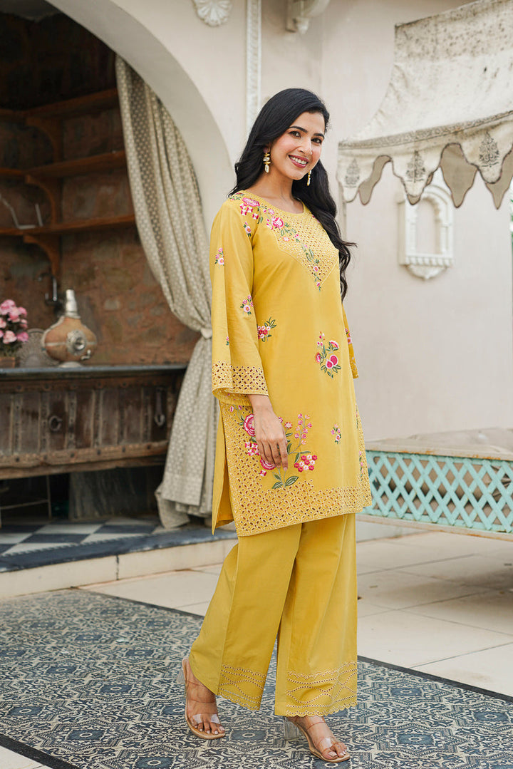 Yellow Pure Cotton Solid Embroidered Coord Sets   | SHOBITAM