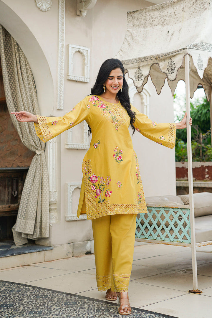 Yellow Pure Cotton Solid Embroidered Coord Sets   | SHOBITAM