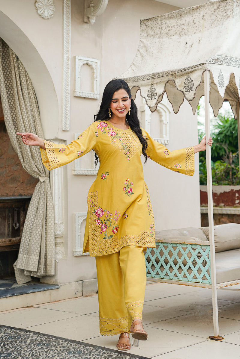 Yellow Pure Cotton Solid Embroidered Coord Sets   | SHOBITAM