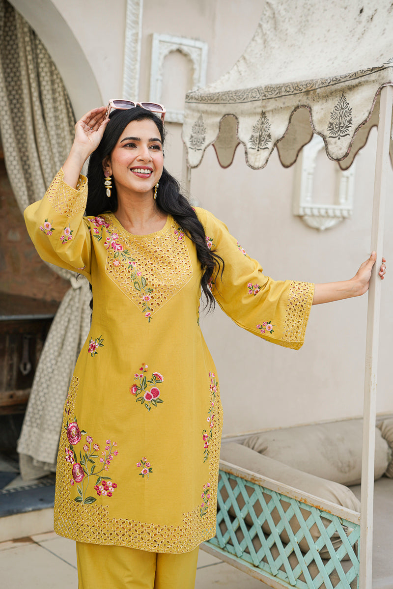 Yellow Pure Cotton Solid Embroidered Coord Sets   | SHOBITAM
